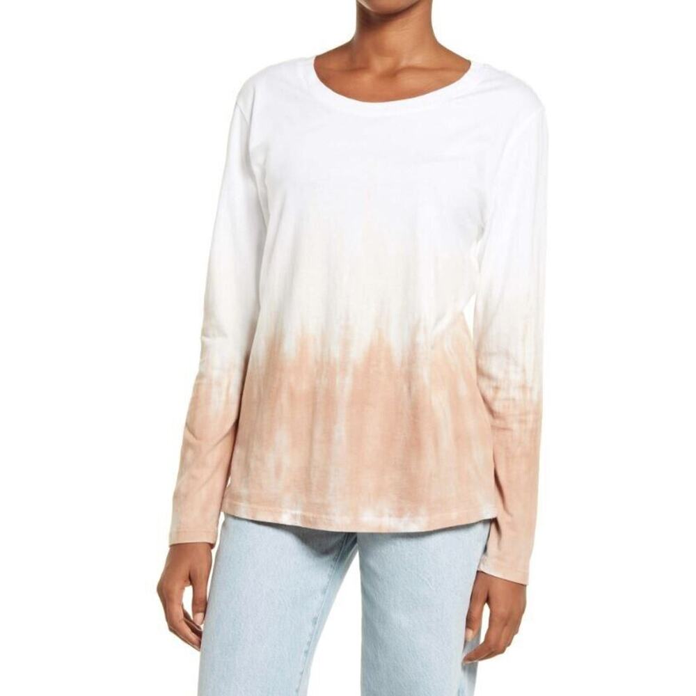Treasure & Bond Women's Tie Dye Long Sleeve Shirt in White Tan Combo Small $39